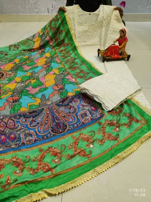 Elegant Parrot Green Shades Chikankari Elegance - Pakistani Dupatta & Kurti Palazzo Set